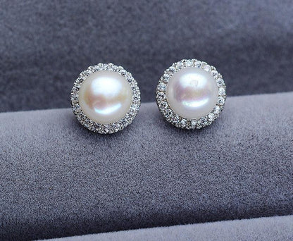 Freshwater Pearl Steamed Buns Round Almost Flawless Glare Pearl Zircon Earrings - BUNNY BAZAR