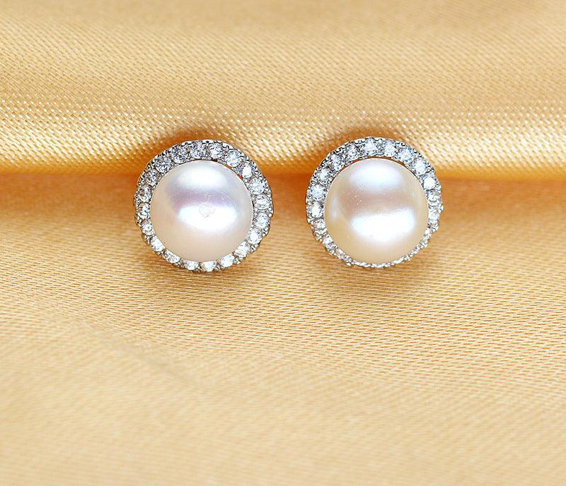 Freshwater Pearl Steamed Buns Round Almost Flawless Glare Pearl Zircon Earrings - BUNNY BAZAR