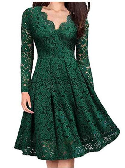 Women Dresses V-Neck Off Shoulder Lace Evening Party Dress Long Sleeve Dress Spring Autumn Vestido Invierno Mujer - BUNNY BAZAR