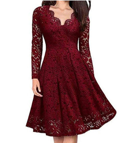 Women Dresses V-Neck Off Shoulder Lace Evening Party Dress Long Sleeve Dress Spring Autumn Vestido Invierno Mujer - BUNNY BAZAR