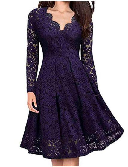 Women Dresses V-Neck Off Shoulder Lace Evening Party Dress Long Sleeve Dress Spring Autumn Vestido Invierno Mujer - BUNNY BAZAR