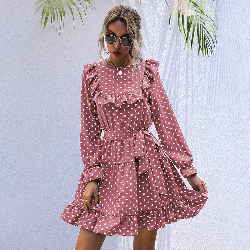 Autumn And Winter Dress Long-sleeved Polka Dot Ruffled Lace-up Skirt - BUNNY BAZAR