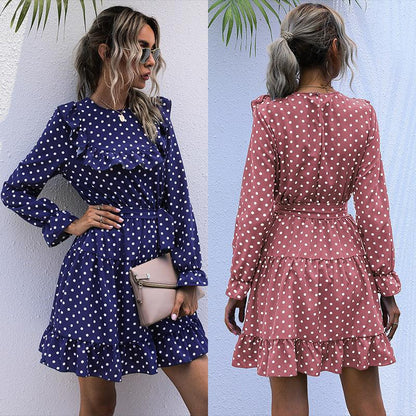 Autumn And Winter Dress Long-sleeved Polka Dot Ruffled Lace-up Skirt - BUNNY BAZAR