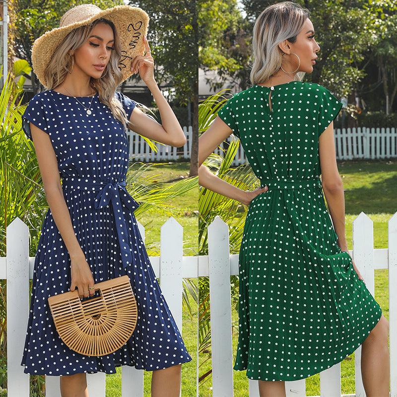 Mid Length Polka Dot Round Neck Short Sleeve Lace Up Dress For Women - BUNNY BAZAR