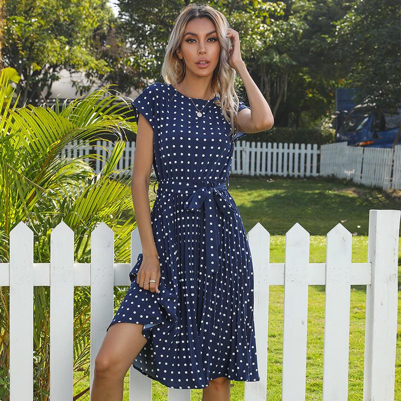 Mid Length Polka Dot Round Neck Short Sleeve Lace Up Dress For Women - BUNNY BAZAR