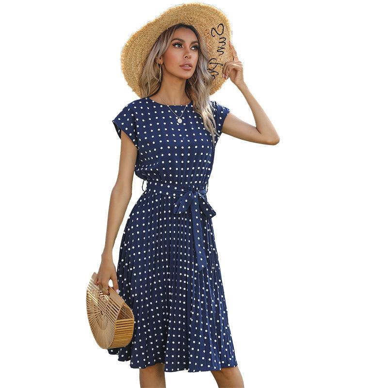 Mid Length Polka Dot Round Neck Short Sleeve Lace Up Dress For Women - BUNNY BAZAR