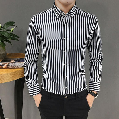 Long-Sleeved Striped Korean Slim Handsome Youth Trendy Casual Printed Black And White Bottoming Shirt - BUNNY BAZAR