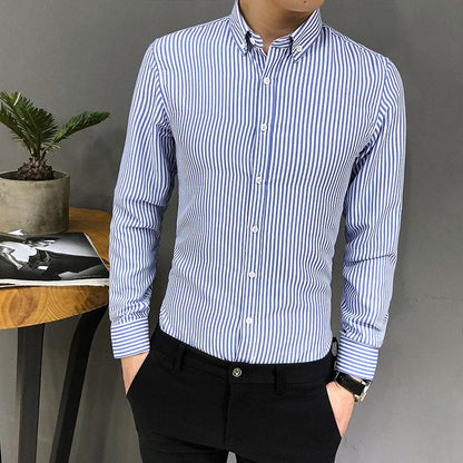 Long-Sleeved Striped Korean Slim Handsome Youth Trendy Casual Printed Black And White Bottoming Shirt - BUNNY BAZAR