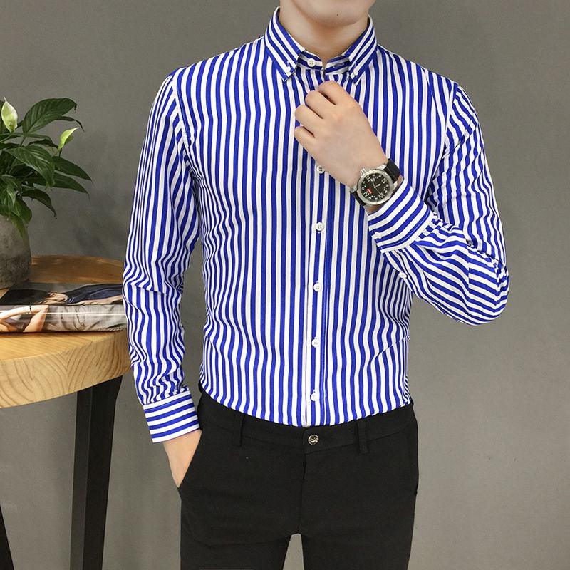 Long-Sleeved Striped Korean Slim Handsome Youth Trendy Casual Printed Black And White Bottoming Shirt - BUNNY BAZAR