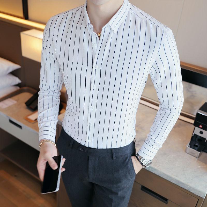 Long-Sleeved Striped Korean Slim Handsome Youth Trendy Casual Printed Black And White Bottoming Shirt - BUNNY BAZAR