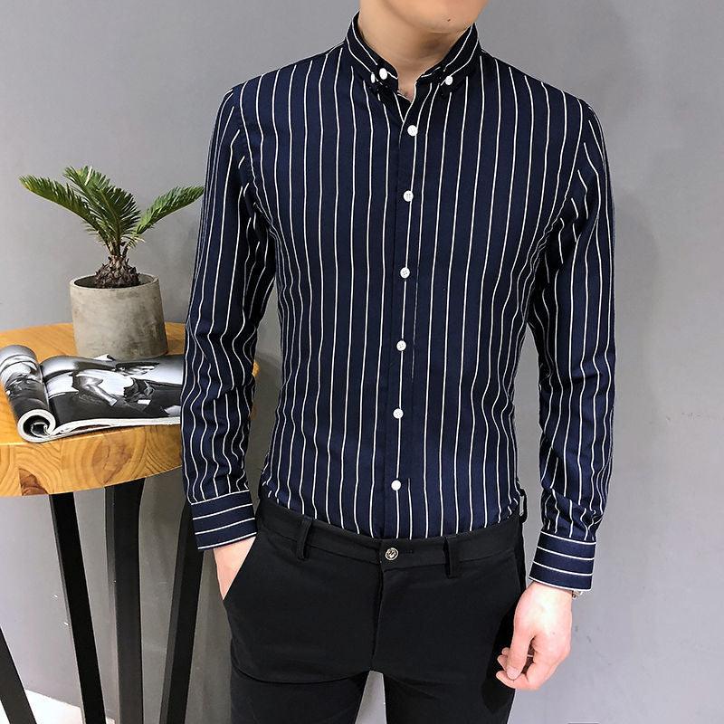 Long-Sleeved Striped Korean Slim Handsome Youth Trendy Casual Printed Black And White Bottoming Shirt - BUNNY BAZAR