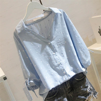 Polka Dot Sweet Fashion Shirt Women Summer New Style V-Neck Loose Tie Short-Sleeved Korean Shirt Women - BUNNY BAZAR