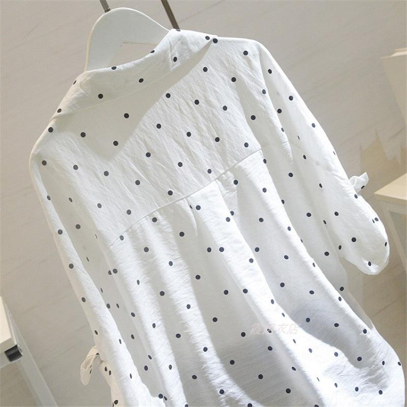 Polka Dot Sweet Fashion Shirt Women Summer New Style V-Neck Loose Tie Short-Sleeved Korean Shirt Women - BUNNY BAZAR