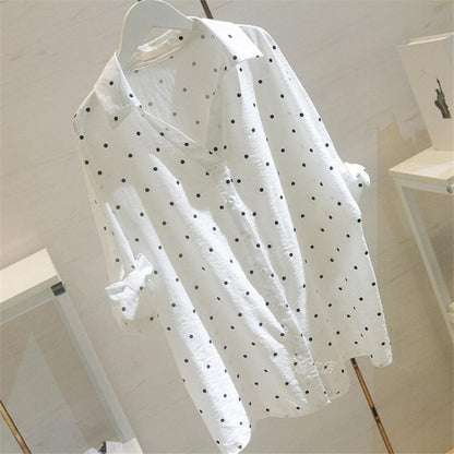 Polka Dot Sweet Fashion Shirt Women Summer New Style V-Neck Loose Tie Short-Sleeved Korean Shirt Women - BUNNY BAZAR