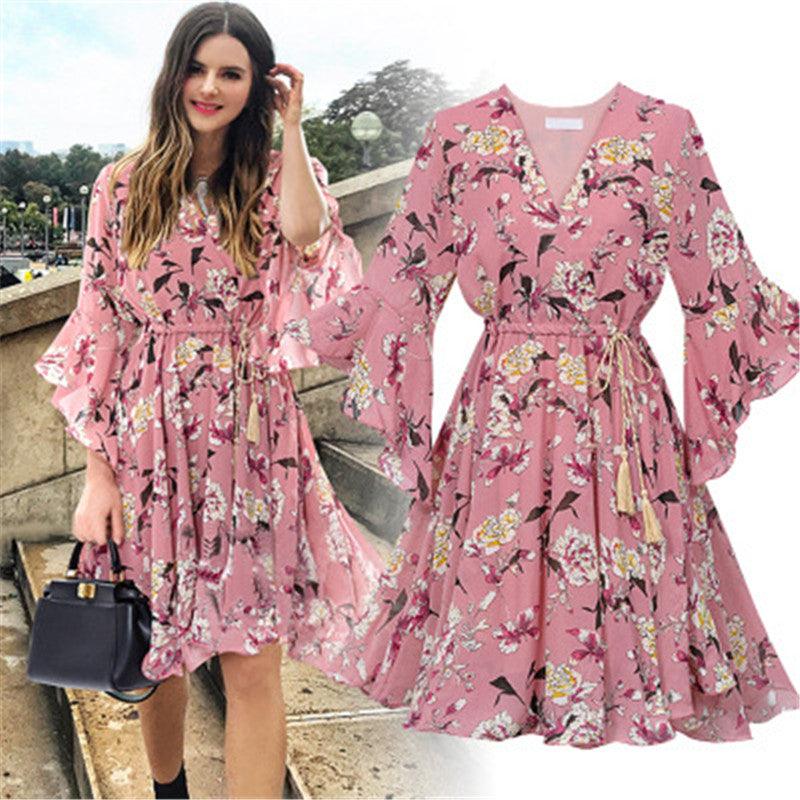 Chiffon Floral Lotus Leaf Dress Retro Beach Dress - BUNNY BAZAR