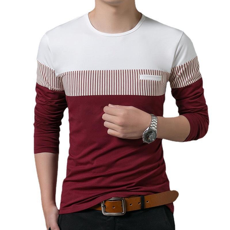 Men's Fake Pocket Slim Vertical Stripes Color Blocking Long Sleeve Casual T-Shirt - BUNNY BAZAR