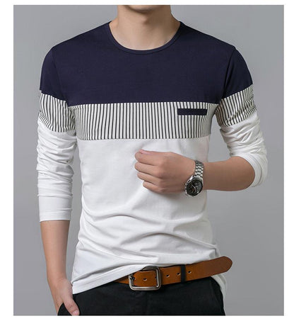 Men's Fake Pocket Slim Vertical Stripes Color Blocking Long Sleeve Casual T-Shirt - BUNNY BAZAR