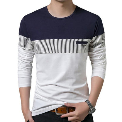 Men's Fake Pocket Slim Vertical Stripes Color Blocking Long Sleeve Casual T-Shirt - BUNNY BAZAR