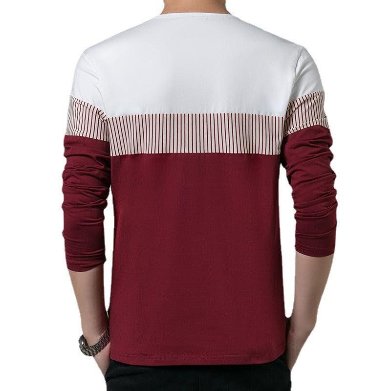 Men's Fake Pocket Slim Vertical Stripes Color Blocking Long Sleeve Casual T-Shirt - BUNNY BAZAR