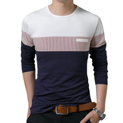 Men's Fake Pocket Slim Vertical Stripes Color Blocking Long Sleeve Casual T-Shirt - BUNNY BAZAR