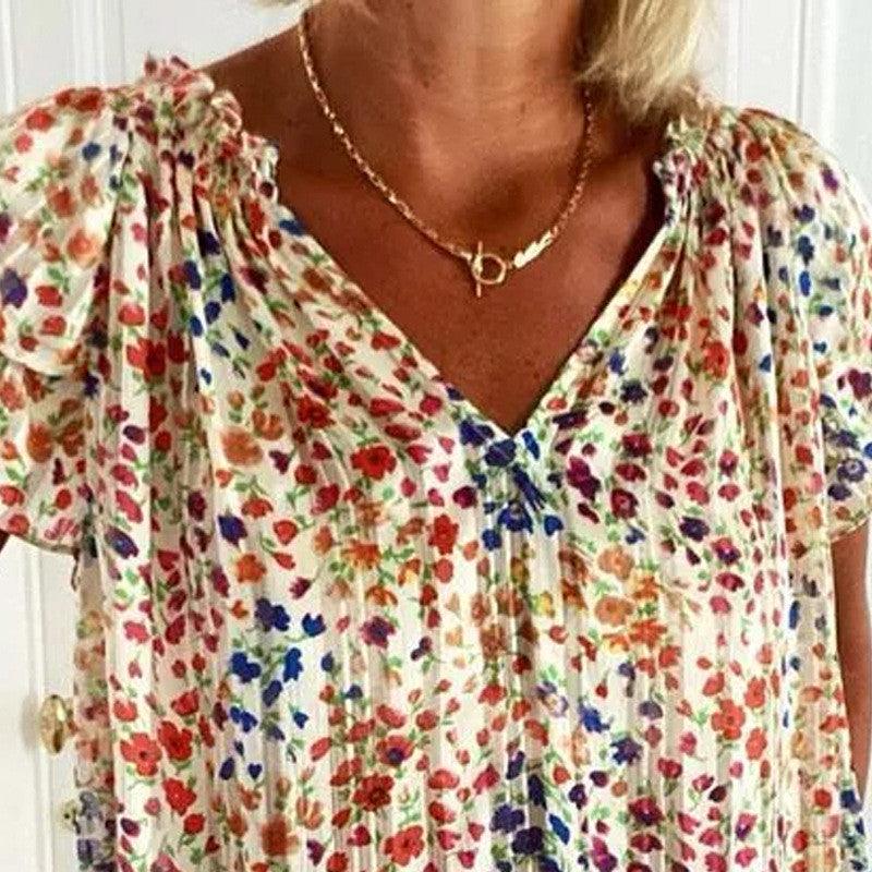 Summer V Neck Floral Women's Short Sleeve Shirt - BUNNY BAZAR