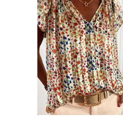 Summer V Neck Floral Women's Short Sleeve Shirt - BUNNY BAZAR