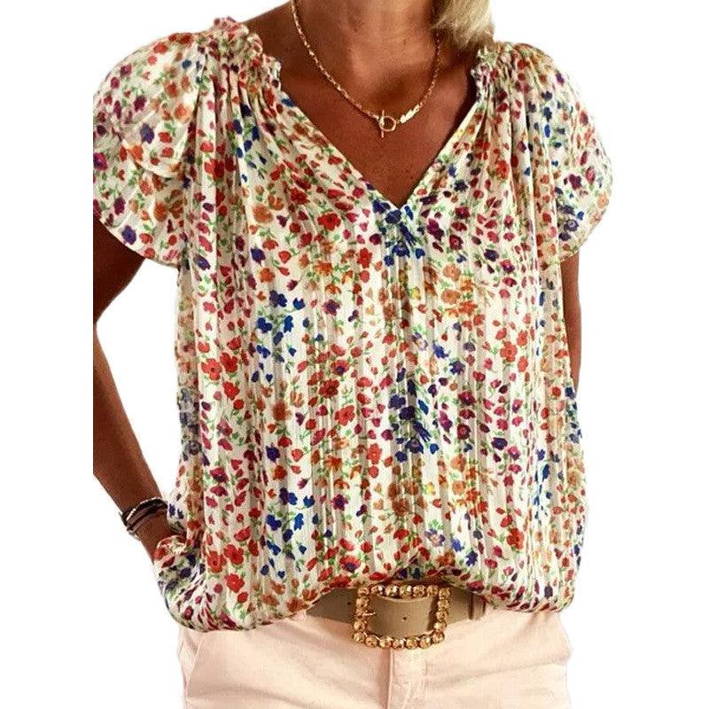 Summer V Neck Floral Women's Short Sleeve Shirt - BUNNY BAZAR