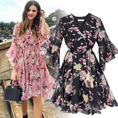 Chiffon Floral Lotus Leaf Dress Retro Beach Dress - BUNNY BAZAR