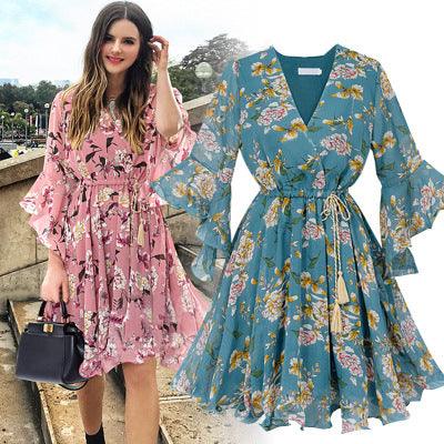 Chiffon Floral Lotus Leaf Dress Retro Beach Dress - BUNNY BAZAR