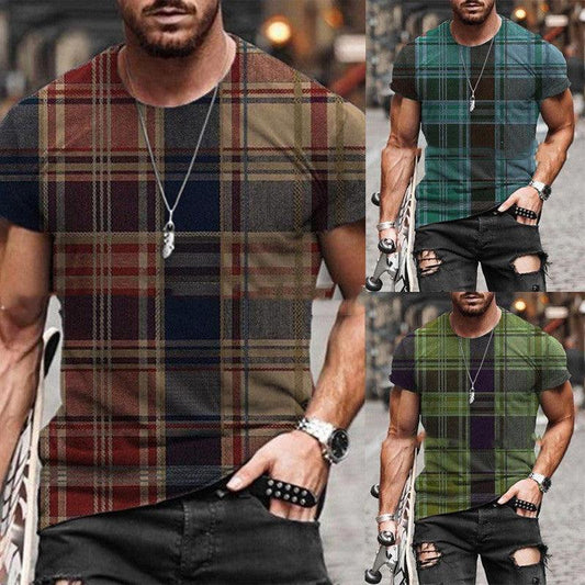 New Contrast Color Stitching Plaid Pattern Printing Short Sleeved Men's T Shirt - BUNNY BAZAR