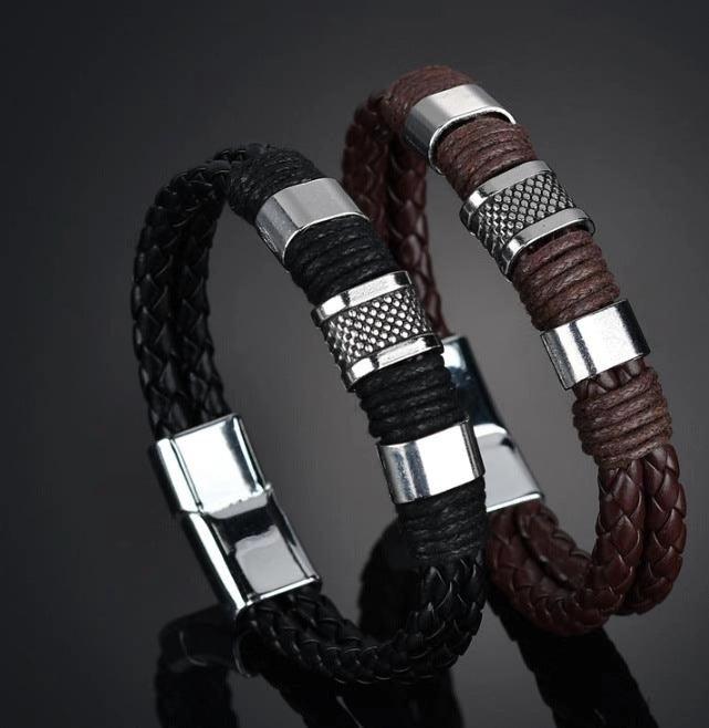 Fashion Black Brown Weave Leather braided Genuine Men Bracelet Male Bangles Dropshipping - BUNNY BAZAR