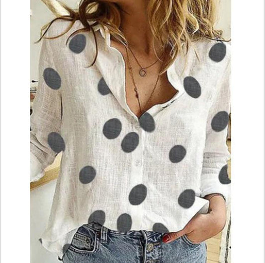 Polka Dot Print Casual Long Sleeved Linen Shirt For Women - BUNNY BAZAR