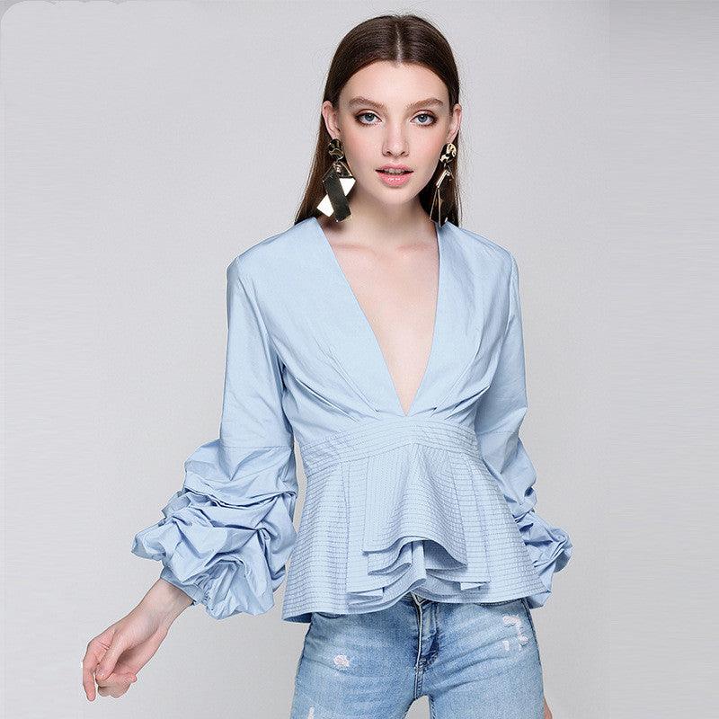 Slim Sexy V-Neck Nine-Point Sleeve Shirt Solid Color Ruffled Blouse Women - BUNNY BAZAR