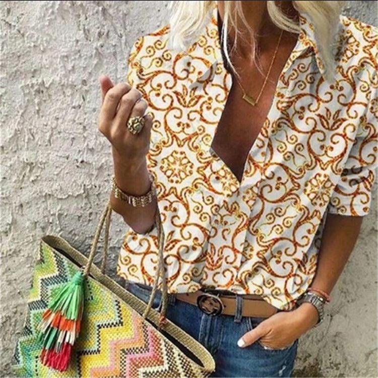 Summer New Style Retro Printing Lapel Long Sleeved Blouse Shirt Women - BUNNY BAZAR