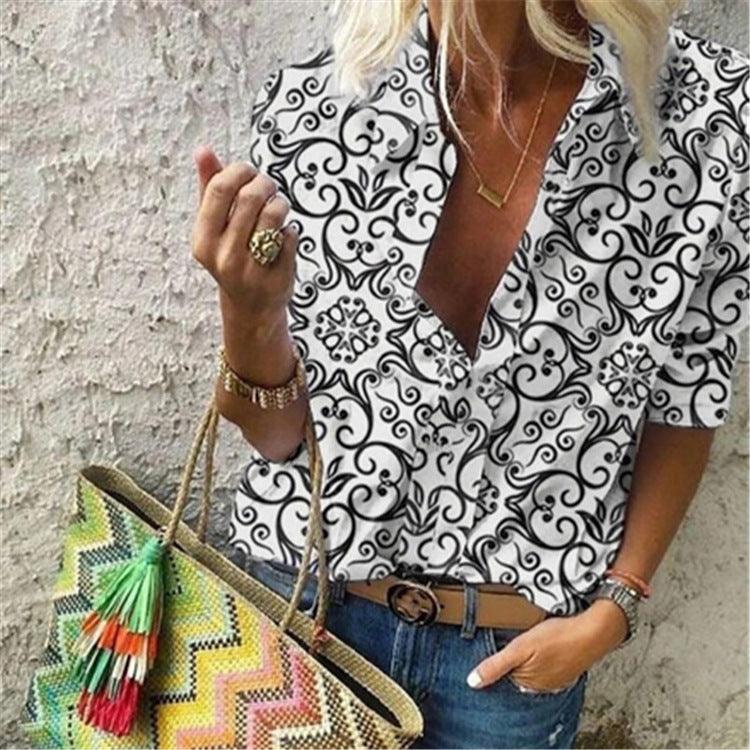 Summer New Style Retro Printing Lapel Long Sleeved Blouse Shirt Women - BUNNY BAZAR