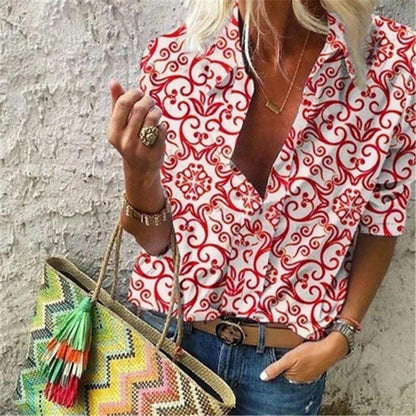 Summer New Style Retro Printing Lapel Long Sleeved Blouse Shirt Women - BUNNY BAZAR