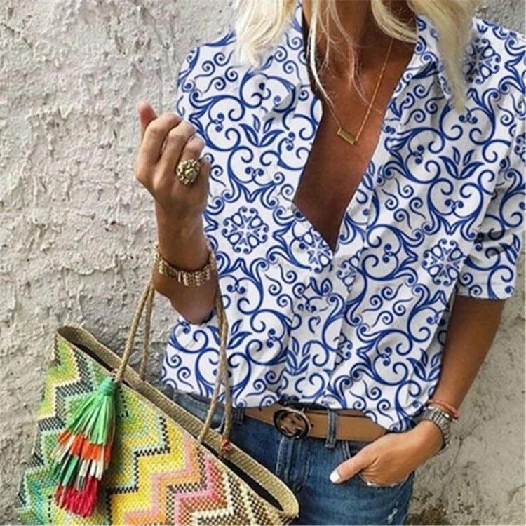 Summer New Style Retro Printing Lapel Long Sleeved Blouse Shirt Women - BUNNY BAZAR