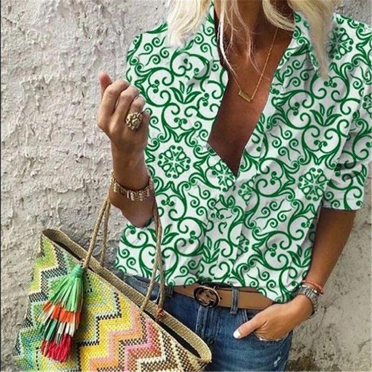 Summer New Style Retro Printing Lapel Long Sleeved Blouse Shirt Women - BUNNY BAZAR