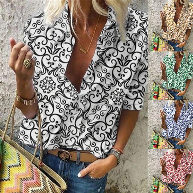 Summer New Style Retro Printing Lapel Long Sleeved Blouse Shirt Women - BUNNY BAZAR