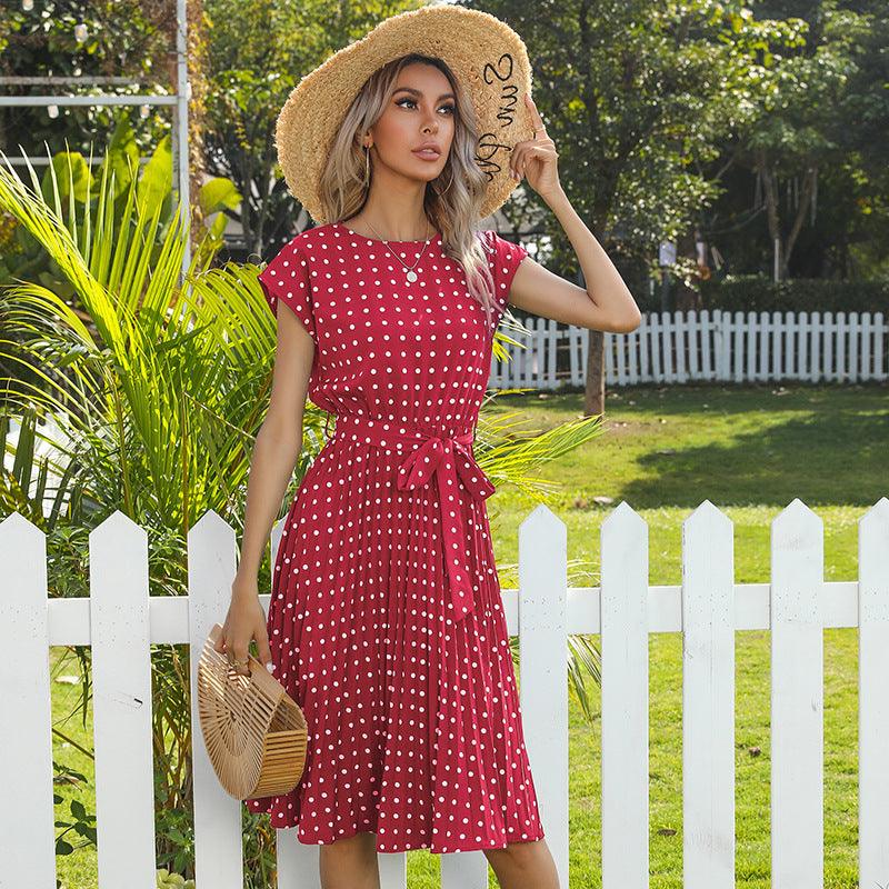 Mid Length Polka Dot Round Neck Short Sleeve Lace Up Dress For Women - BUNNY BAZAR