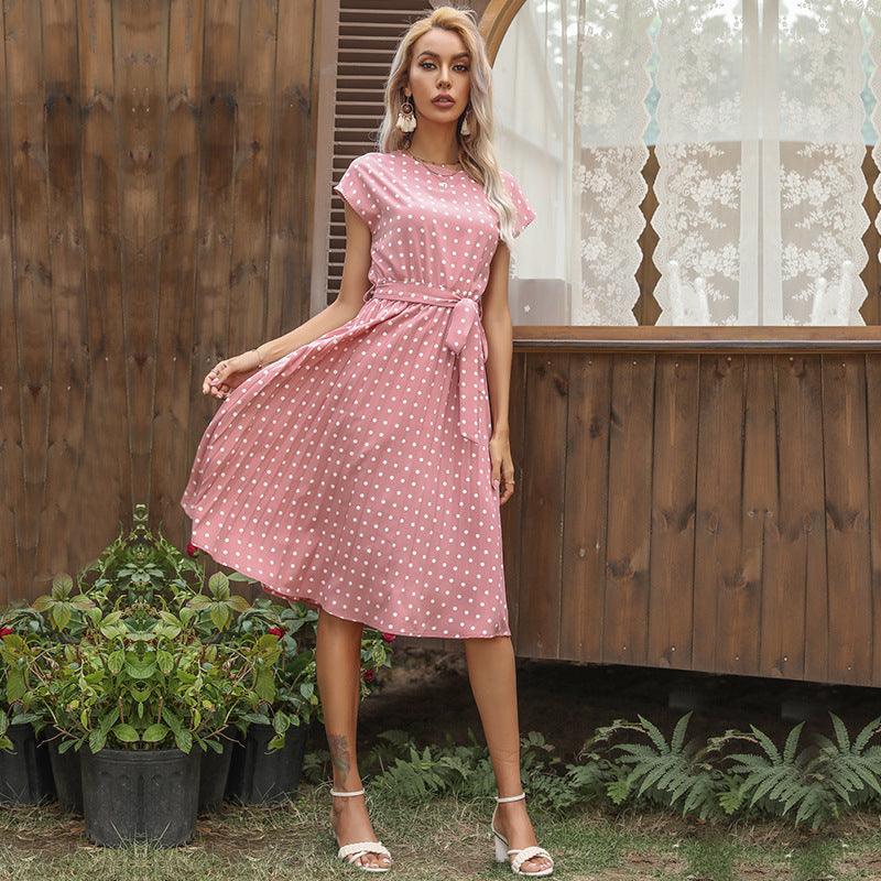 Mid Length Polka Dot Round Neck Short Sleeve Lace Up Dress For Women - BUNNY BAZAR