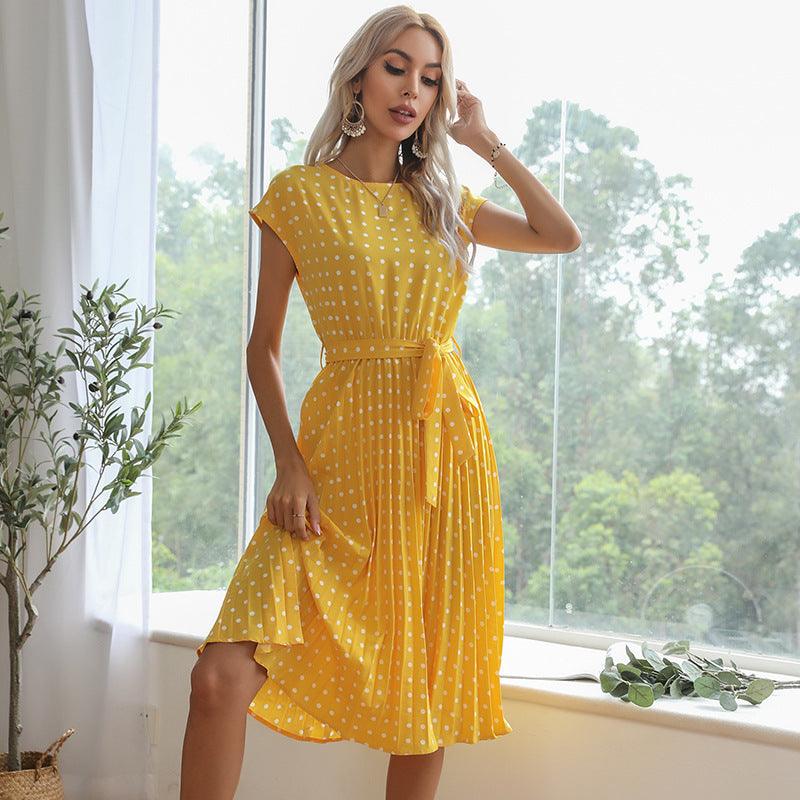 Mid Length Polka Dot Round Neck Short Sleeve Lace Up Dress For Women - BUNNY BAZAR