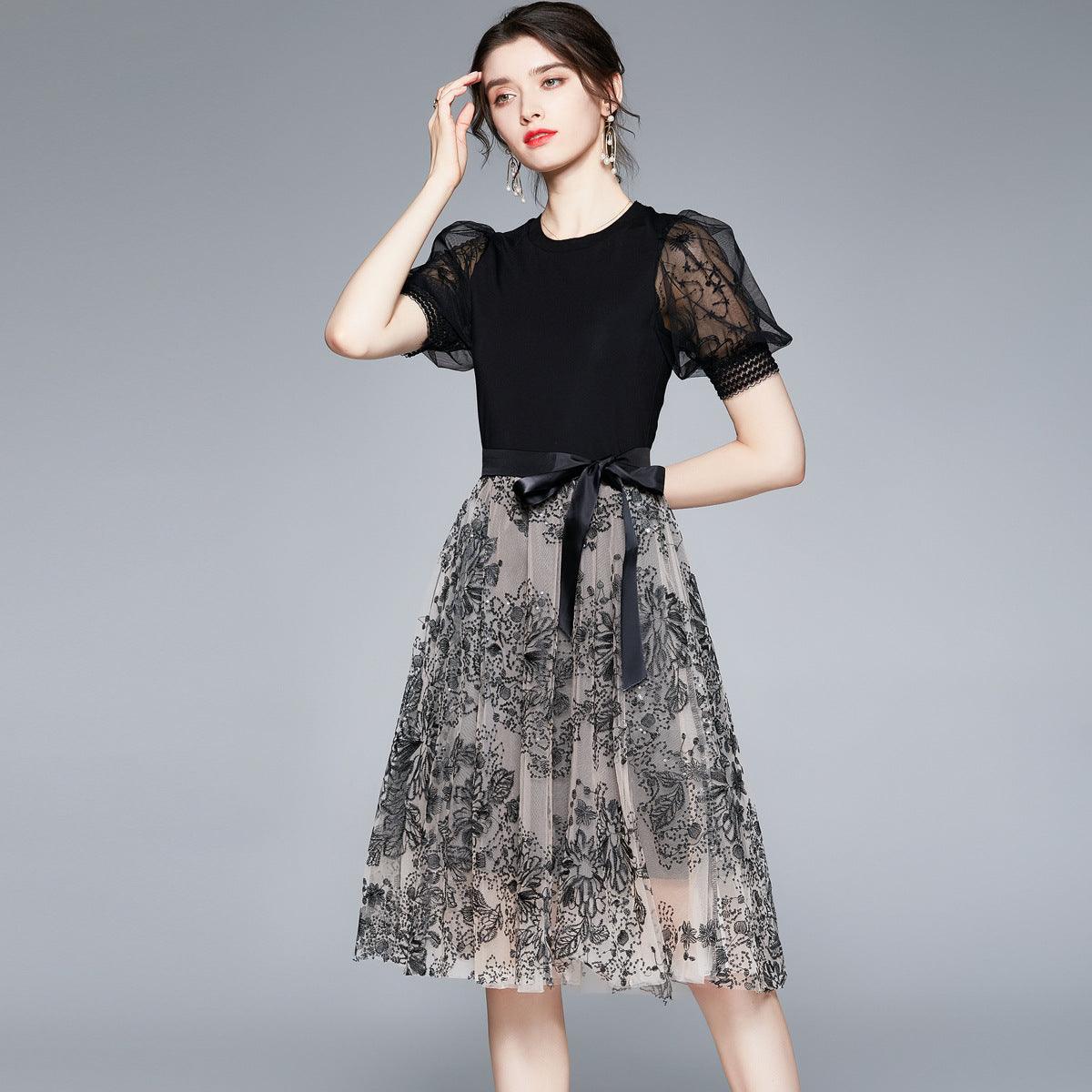 Stitching Puff Sleeve Dress Female Design Sense Mid-length Mesh Skirt - BUNNY BAZAR