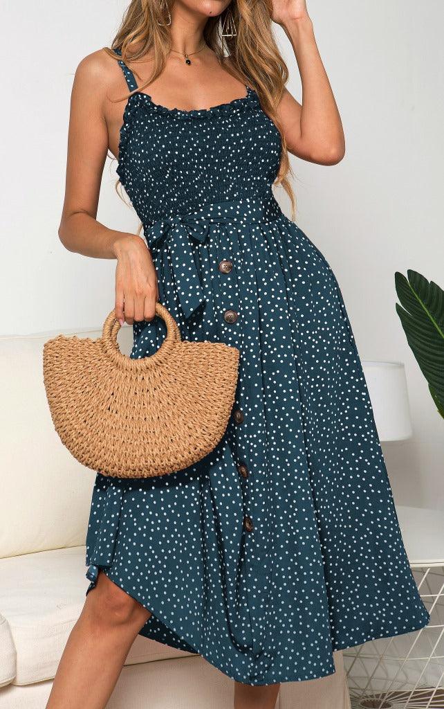 Printed Polka Dot Ruffled Lace Button Women Dress - BUNNY BAZAR