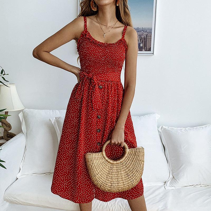 Printed Polka Dot Ruffled Lace Button Women Dress - BUNNY BAZAR