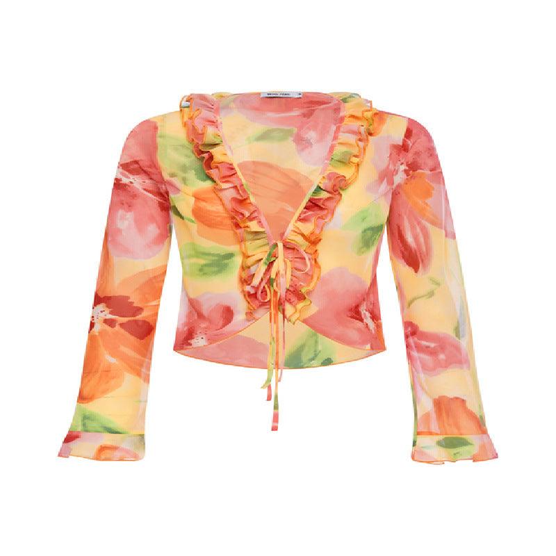 Deep V Print Loose Chiffon Long Sleeve Shirt - BUNNY BAZAR