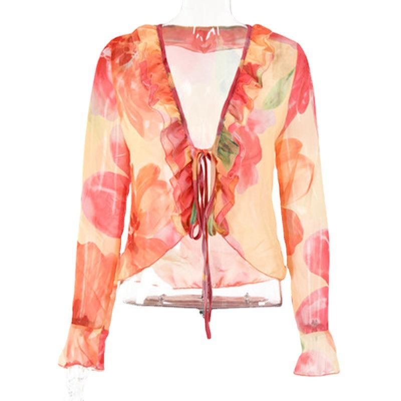 Deep V Print Loose Chiffon Long Sleeve Shirt - BUNNY BAZAR