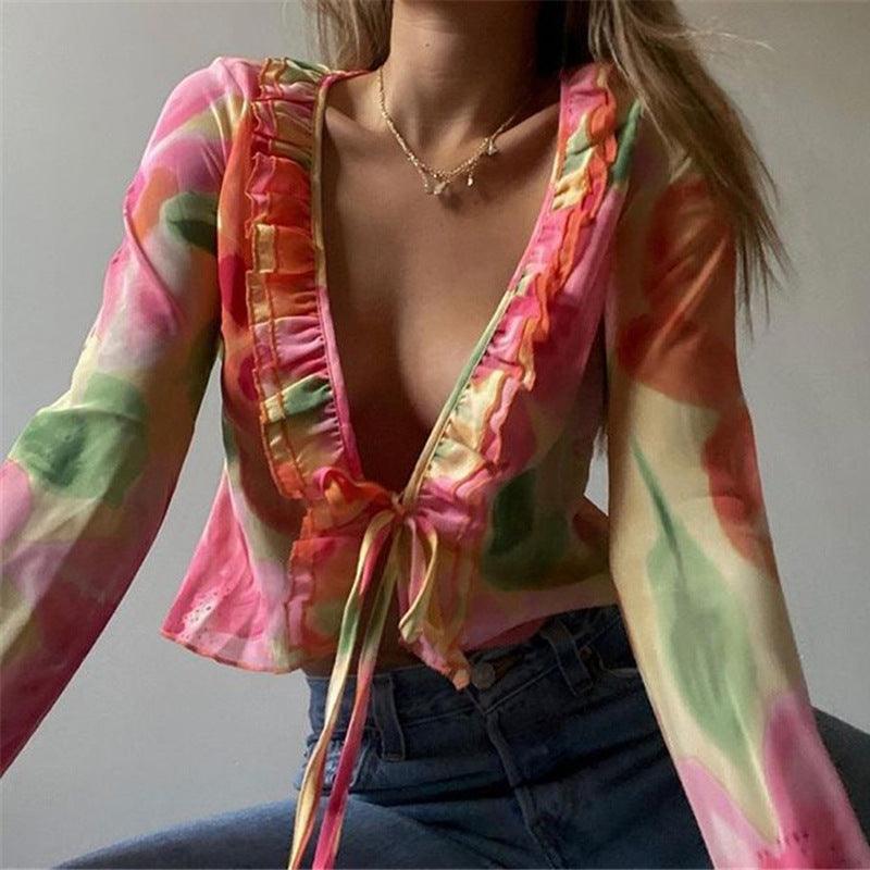 Deep V Print Loose Chiffon Long Sleeve Shirt - BUNNY BAZAR