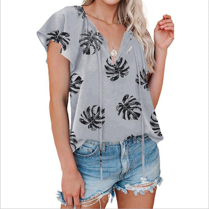 Floral Chiffon Shirt Summer New Style V Neck Short Sleeved Shirt Women - BUNNY BAZAR