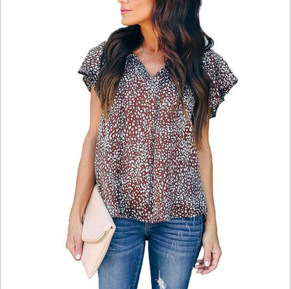 Floral Chiffon Shirt Summer New Style V Neck Short Sleeved Shirt Women - BUNNY BAZAR